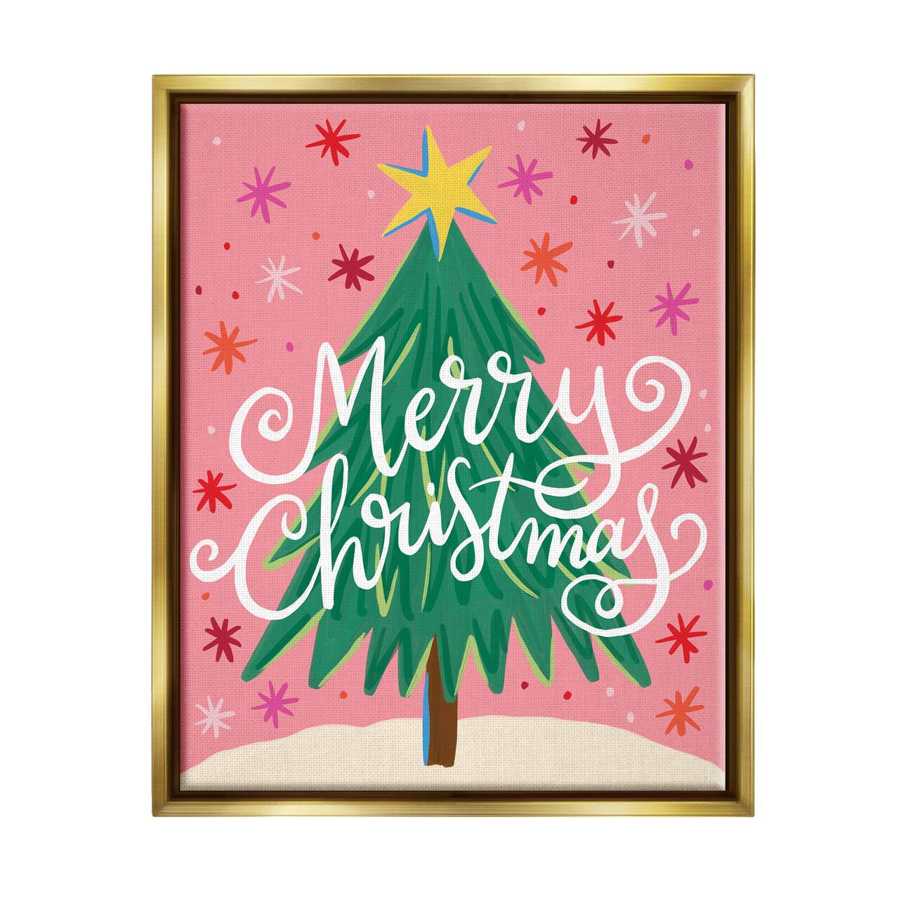 Stupell Industries Merry Christmas Pink Starry Pattern Framed Floater Canvas Wall Art